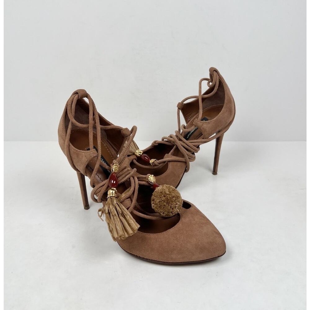 Size 5.5 - Dolce Gabbana Suede Ankle Lace Tassle Stilleto Heels👠 Retail $1K!